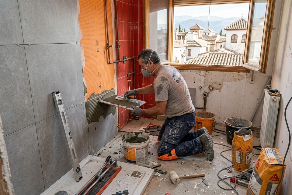 Antes del cambio de bañera por ducha en el Zaidín Granada alicatado por albañil
