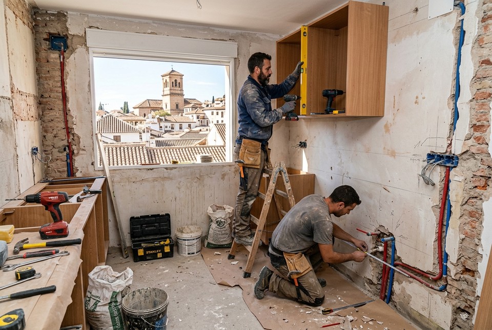 Antes de la reforma integral de cocina en el Albaicín Granada con albañiles trabajando