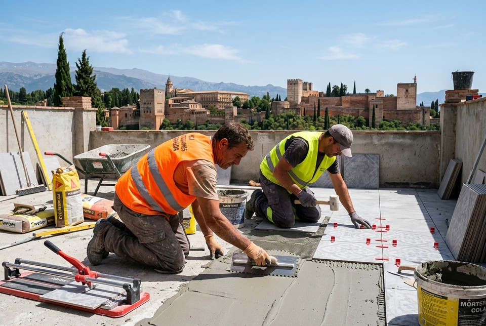 Antes de la impermeabilización y solado de terraza en Granada con albañiles trabajando frente a la Alhambra