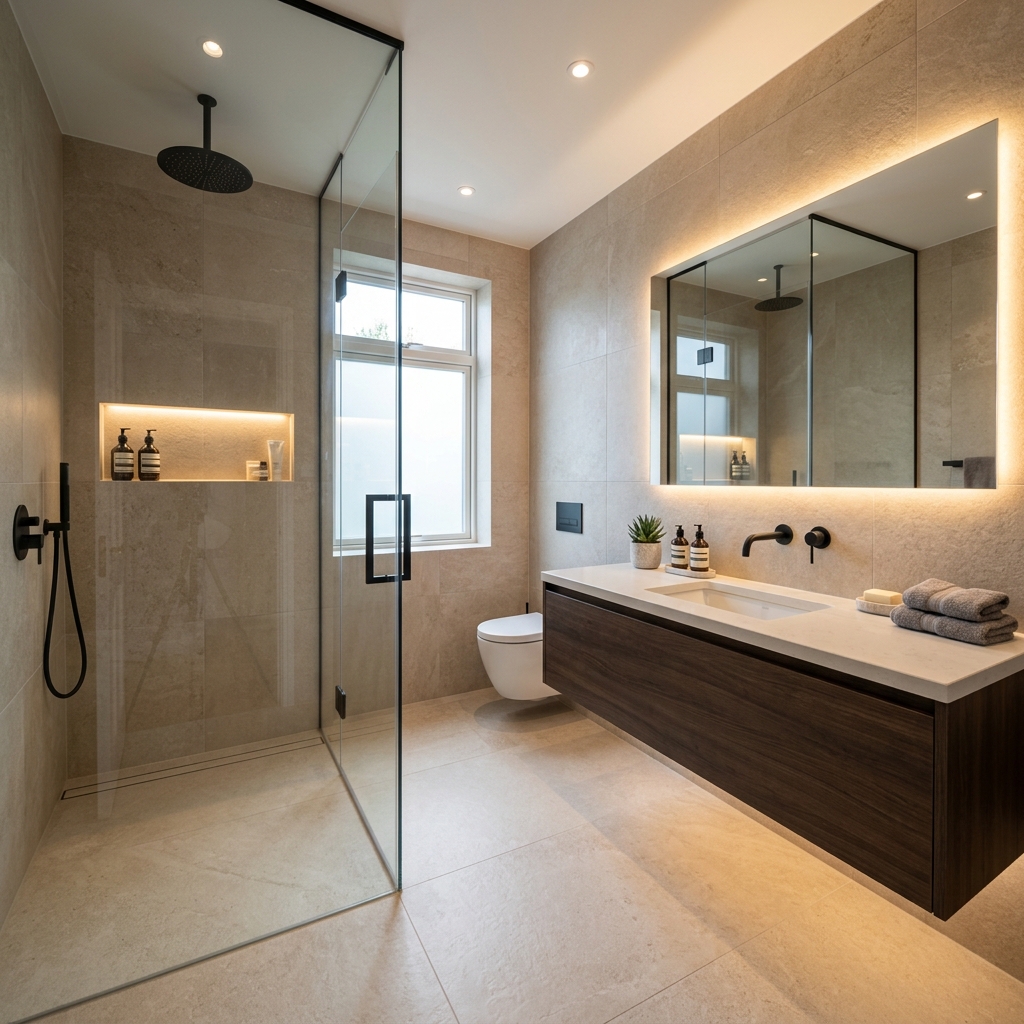 Reforma de baño de lujo con ducha italiana y baldosas de gran formato en Granada