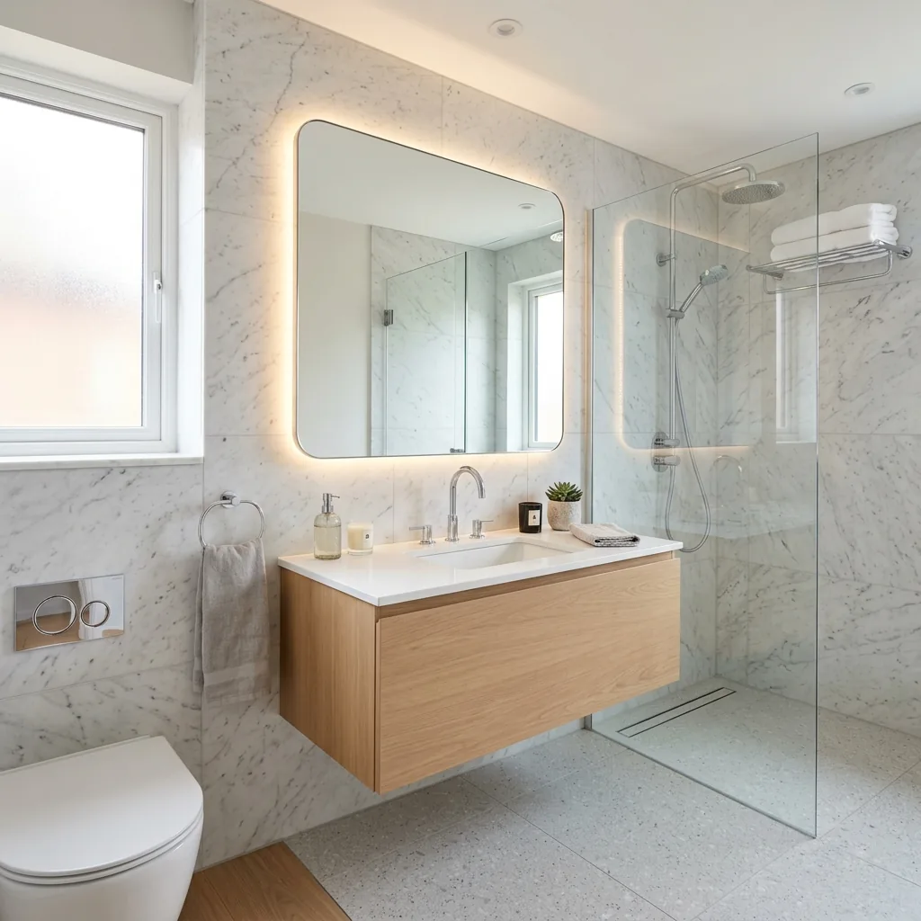 Pequeño baño elegante con mueble suspendido y espejos modernos en Granada