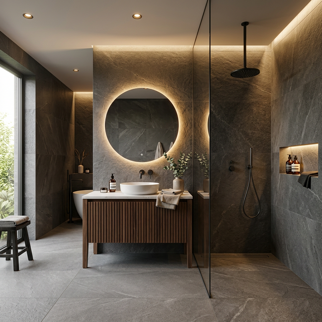 Baño moderno con ducha italiana y espejo retroiluminado