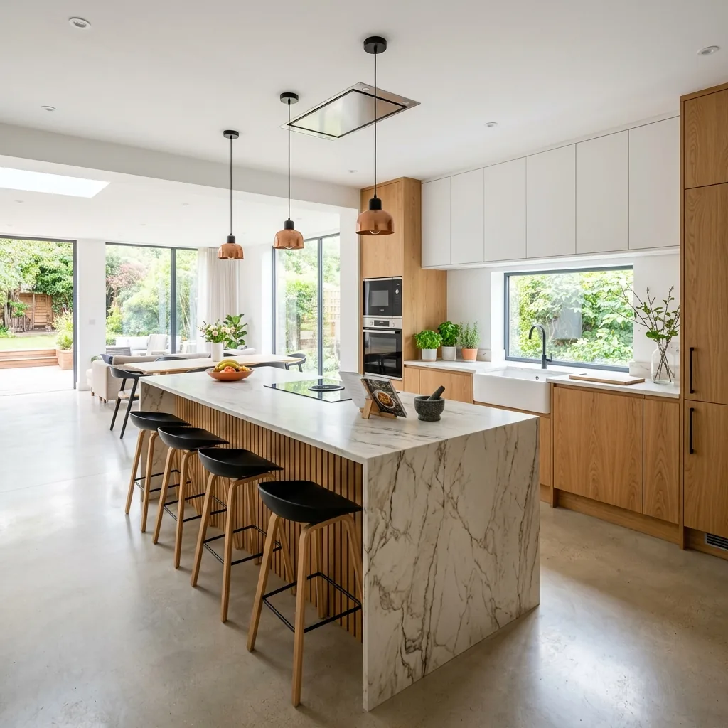 Cocina abierta con isla y encimera Dekton reformada en Granada