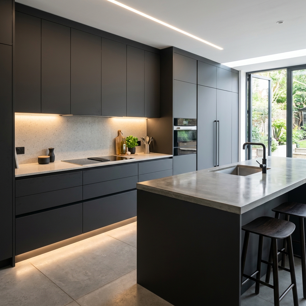 Reforma de cocina moderna con armarios oscuros e iluminación LED en Granada