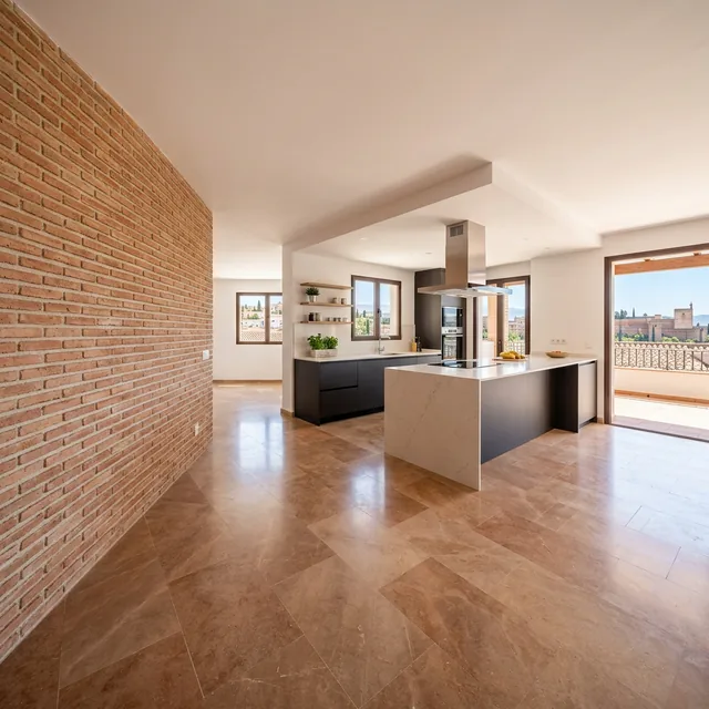 Vivienda reformada con pared de ladrillo visto