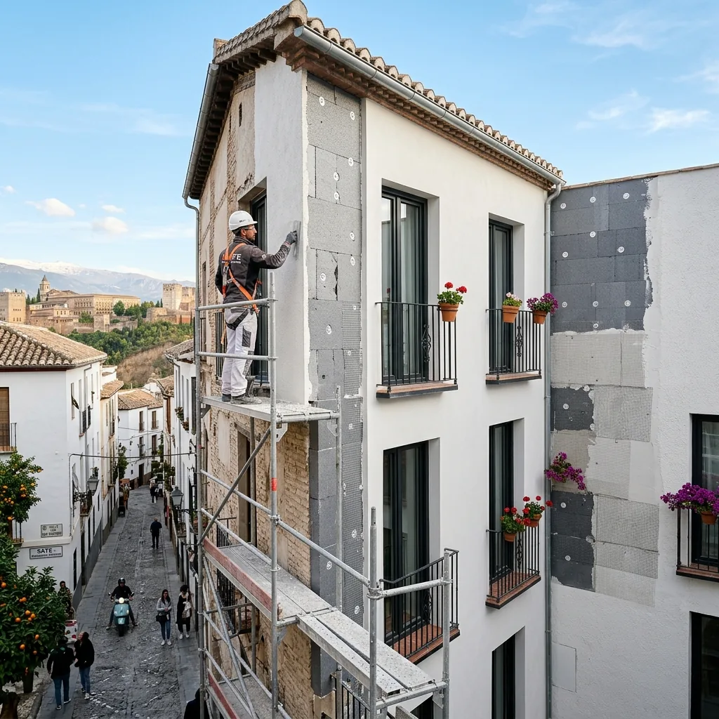 Enfoscado y mortero monocapa en una fachada de Granada